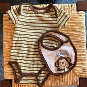 Little Me Green and Brown Striped Bodysuit with Bib